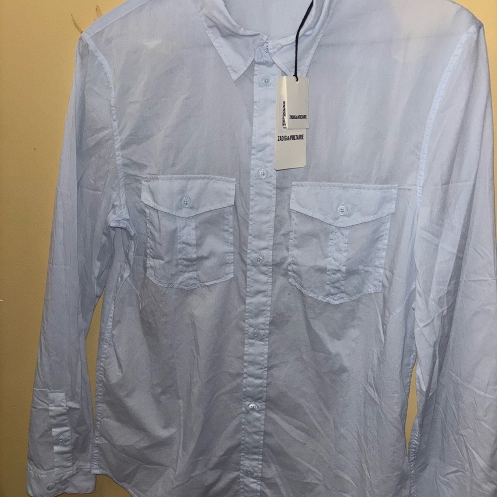 Zadig and Voltaire Men's Light Blue Button-Up Shirt MEDIUM